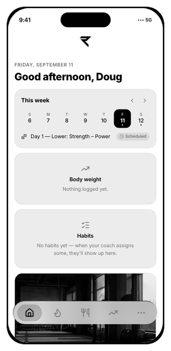 The REAL app home screen: the week with the day's session scheduled, body weight, habits and the training library